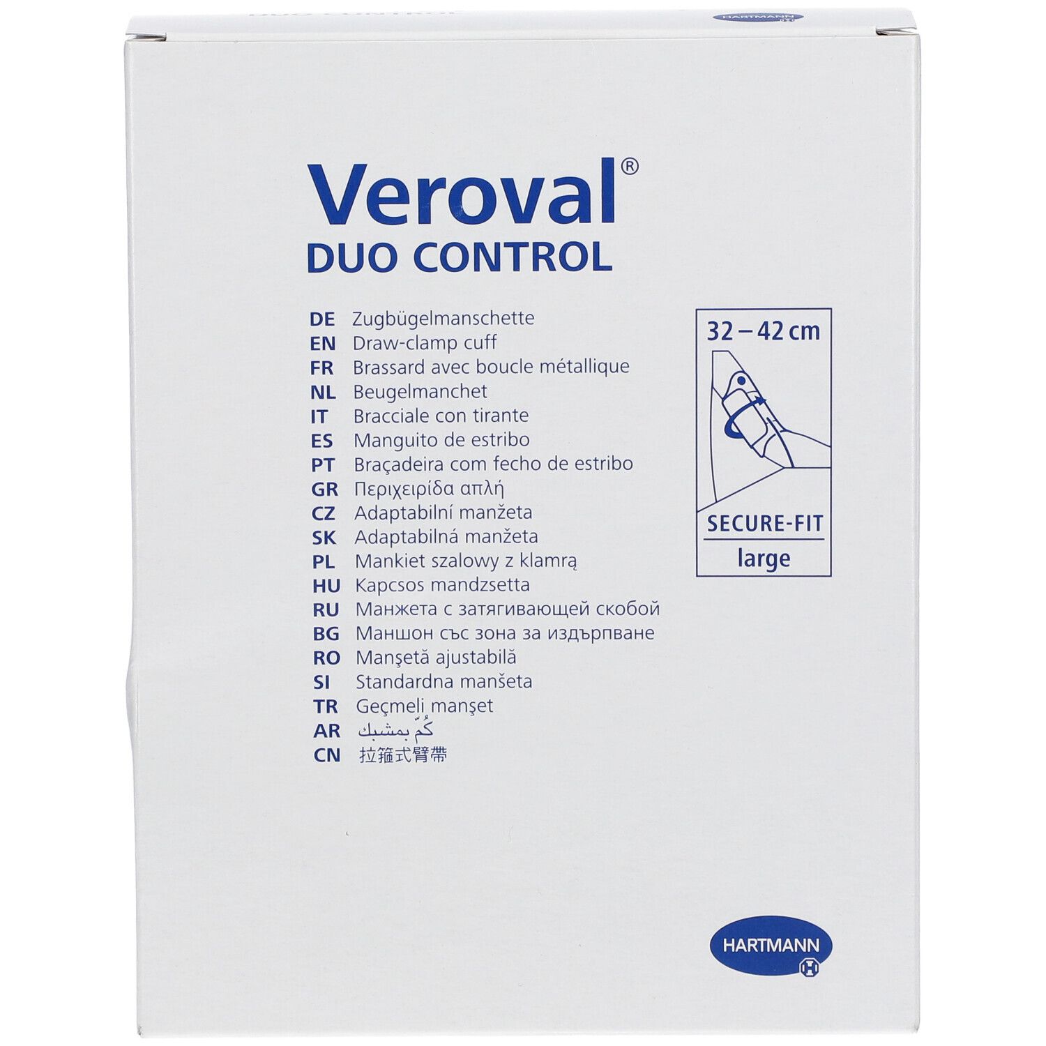 Emballage Veroval DUO CONTROL. Indication de taille 32-42 cm. Secure-Fit large.