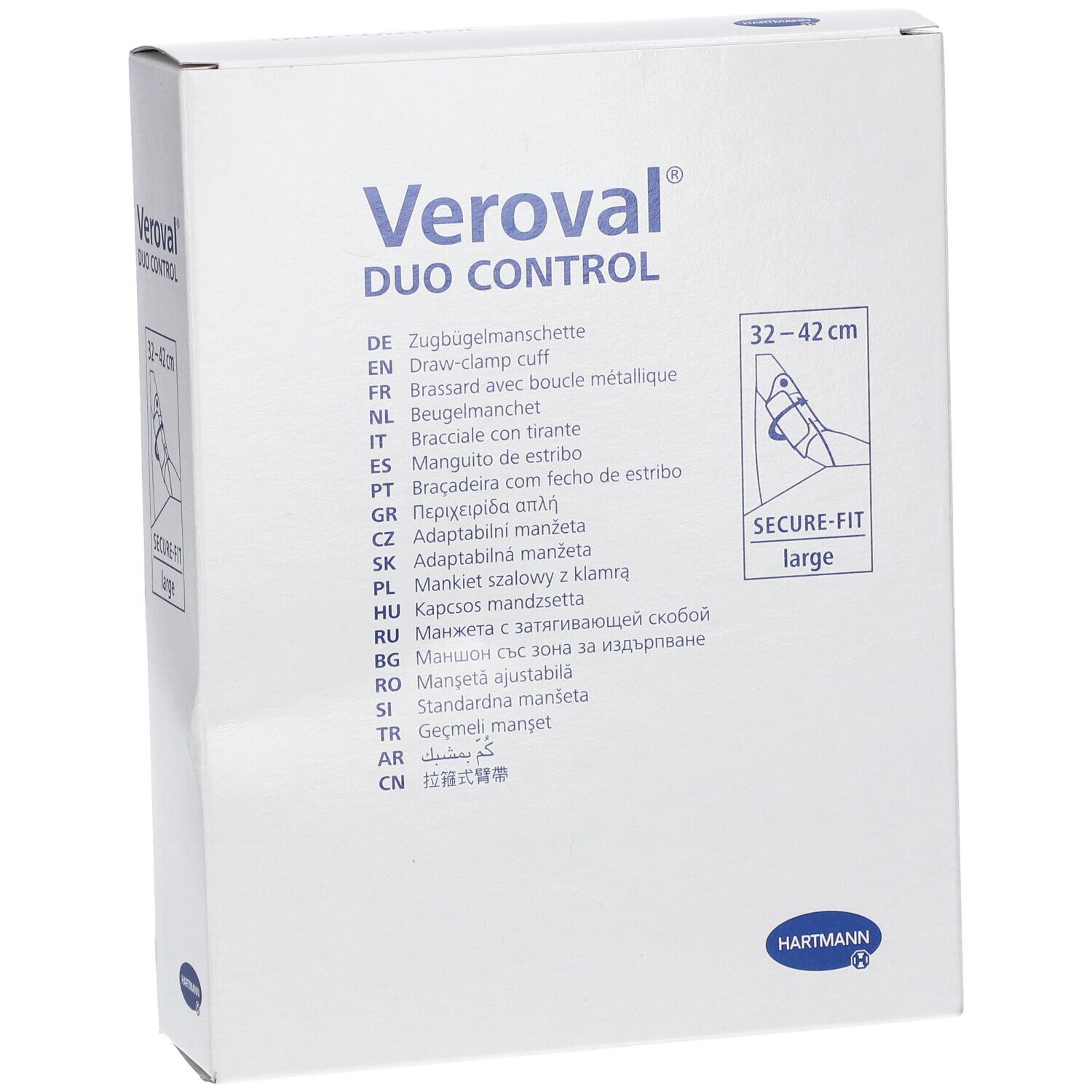 Emballage Veroval DUO CONTROL. Indication de taille 32-42 cm. Secure-Fit large.