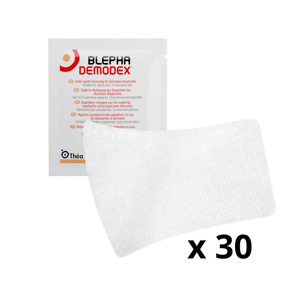 Une compresse stérile individuelle et un sachet avec des inscriptions. Inscription : BLEPHADEMODEX.