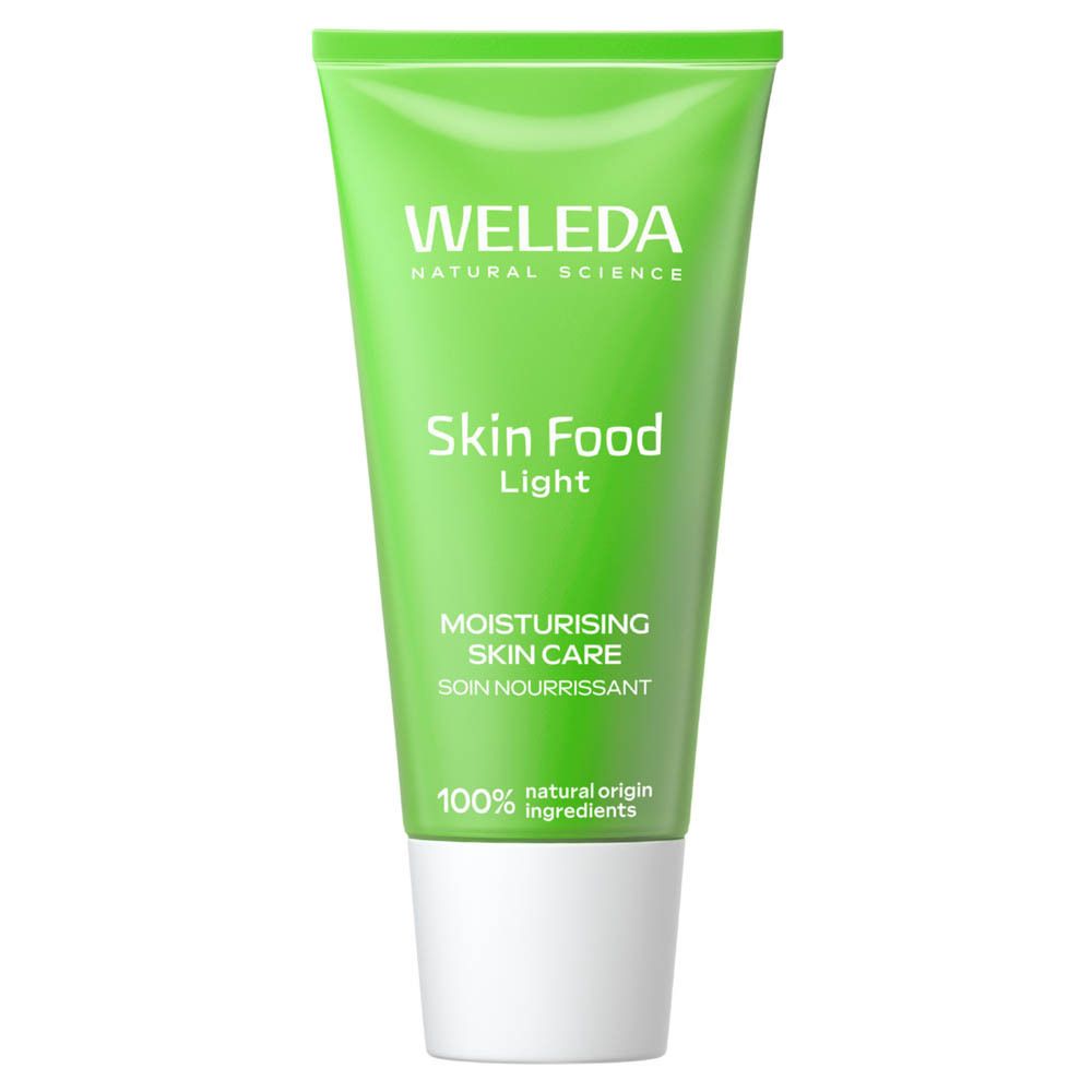 Tube vert Weleda Skin Food Light avec bouchon blanc. Soin de la peau hydratant.