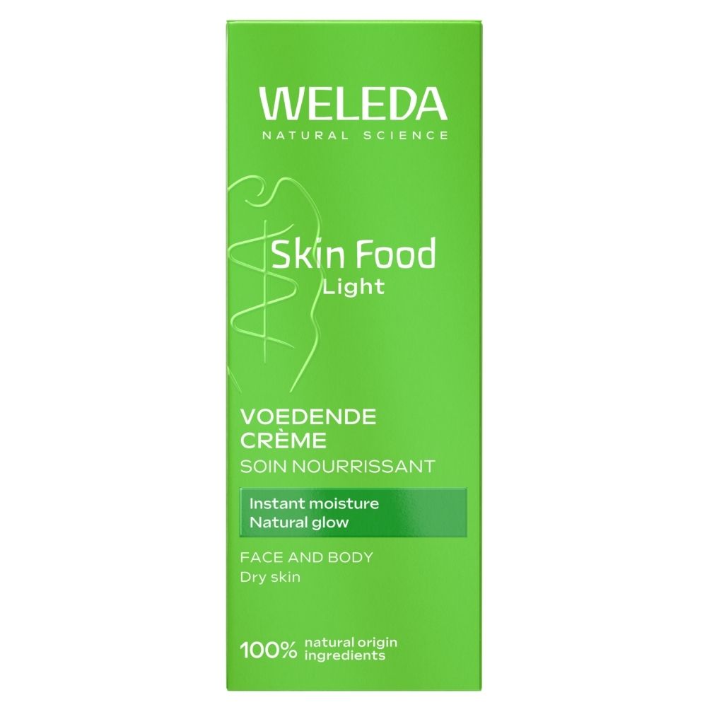 Emballage vert de Weleda Skin Food Light avec informations produit et sceau.