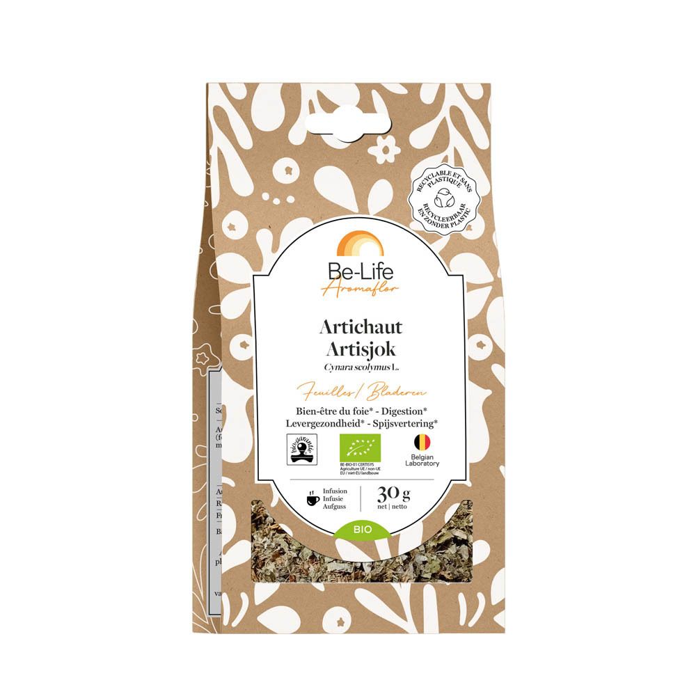 Be-Life Aromaflor Artichaut. Emballage brun avec nom du produit et certification bio. 30g.
