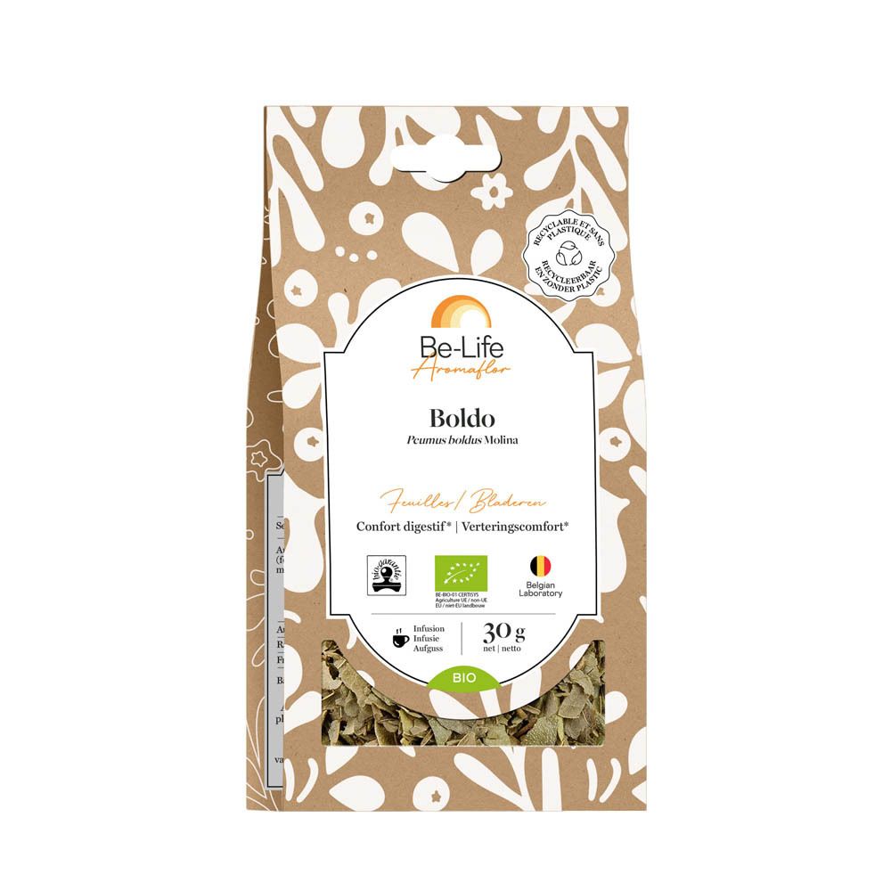 Be-Life Aromaflor Boldo. Sachet en papier brun. Texte : Boldo, feuilles, Confort digestif. Label bio. Laboratoire belge.