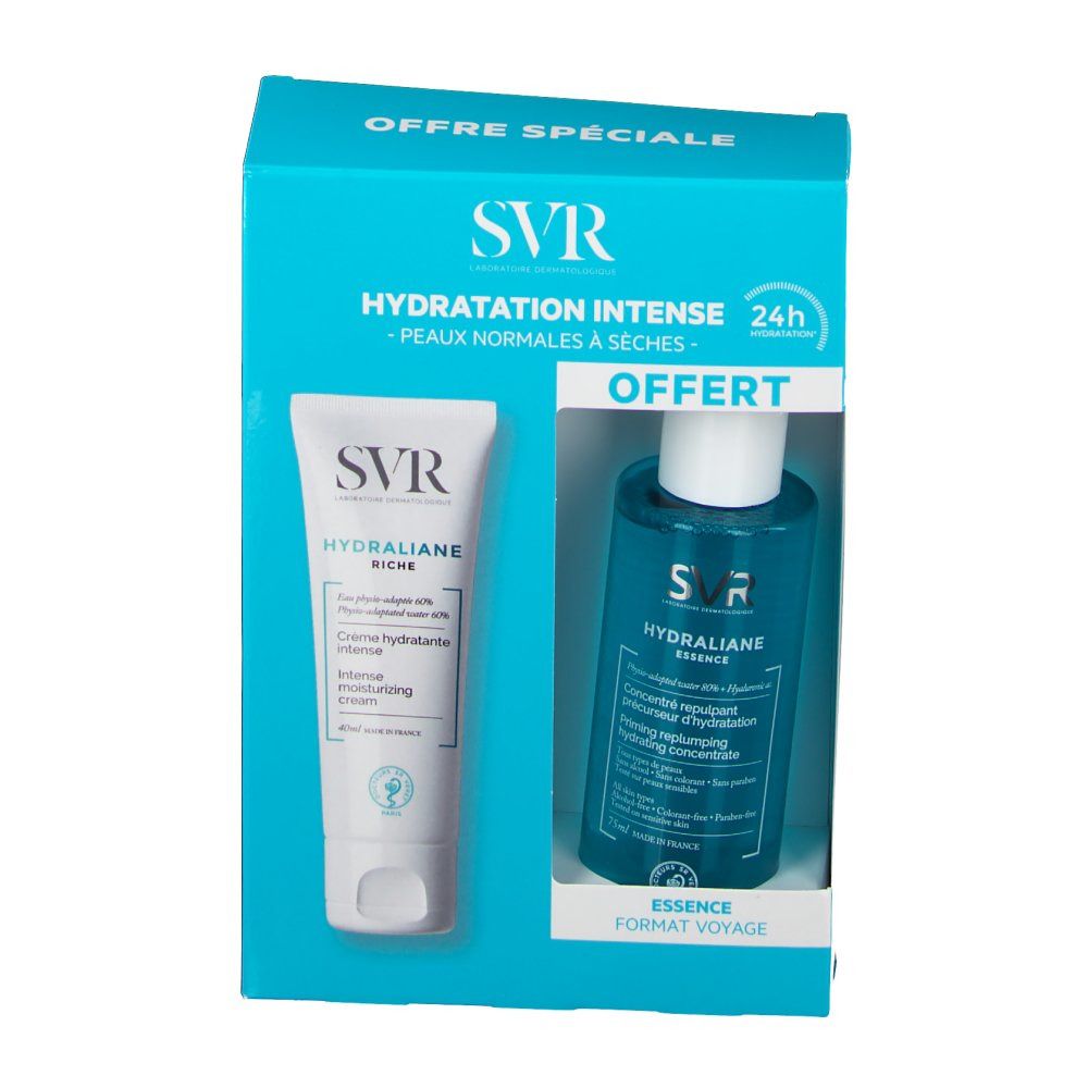 Coffret cadeau avec crème et essence. Tube blanc et flacon bleu dans une boîte bleue. Texte : SVR, Hydratation Intense.