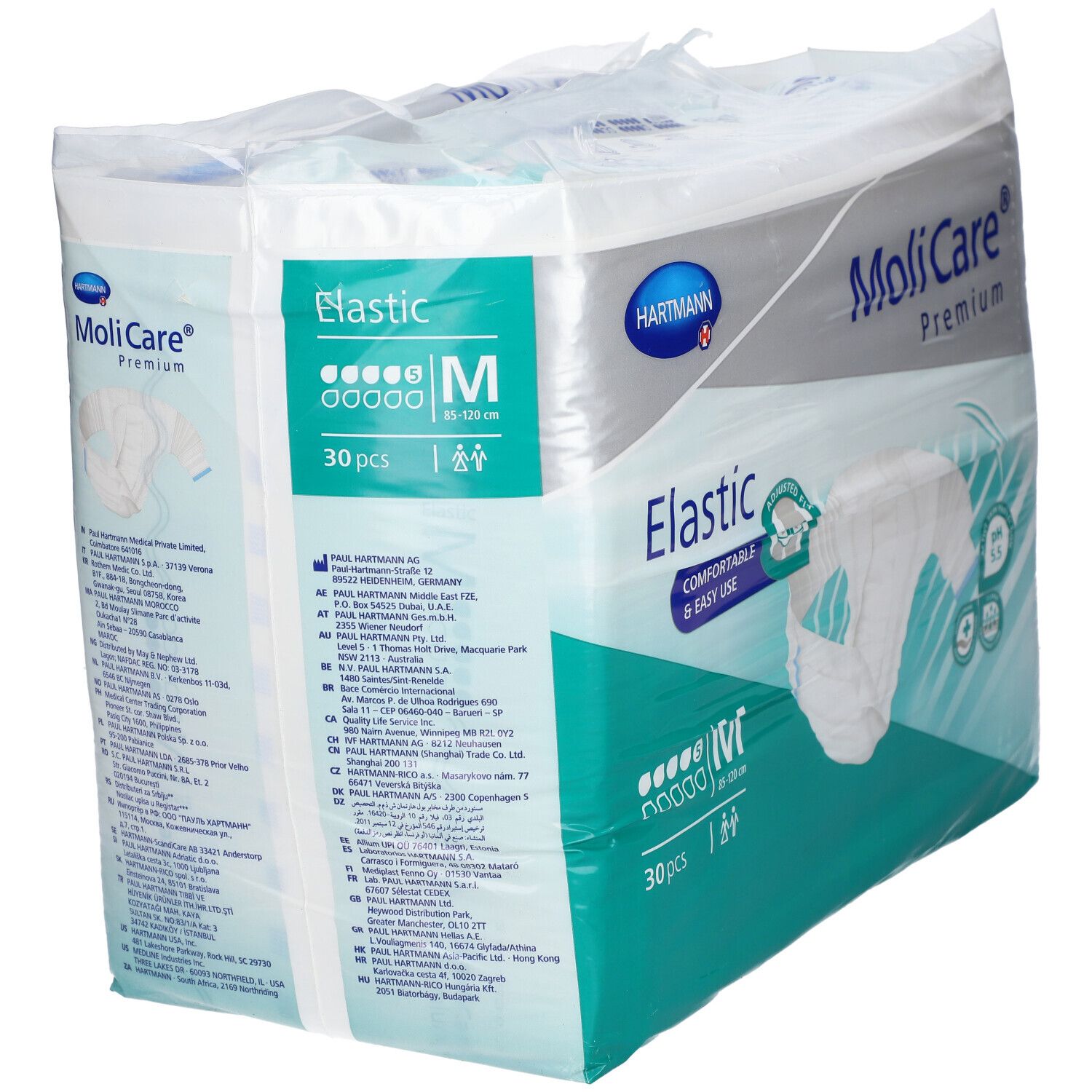 Paquet de MoliCare Premium Elastic, taille M, 30 pièces. Marque Hartmann. Inscription : Elastic. Texte au dos.