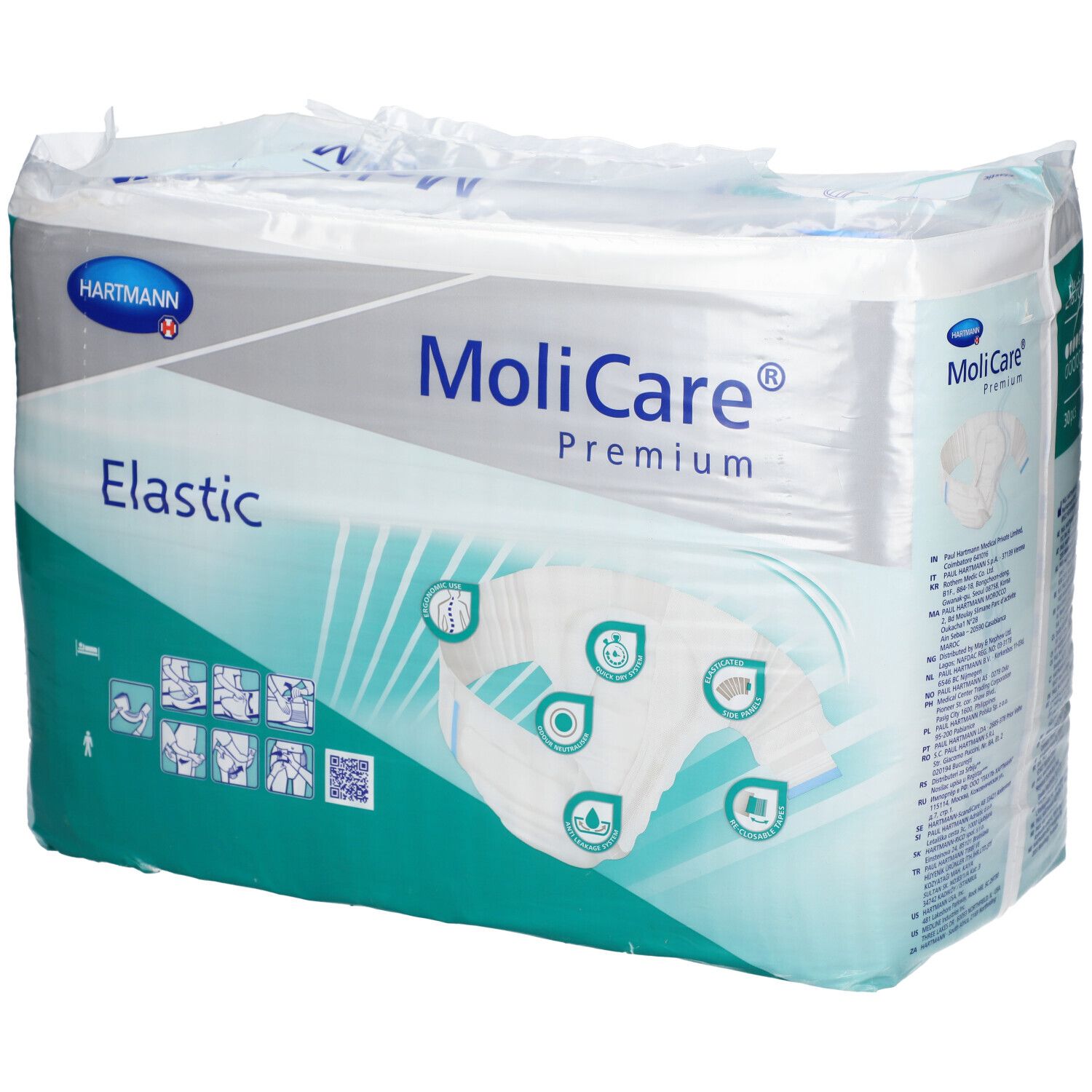 Paquet de MoliCare Premium Elastic, taille M, 30 pièces. Marque Hartmann. Inscription : Elastic. Pictogrammes.