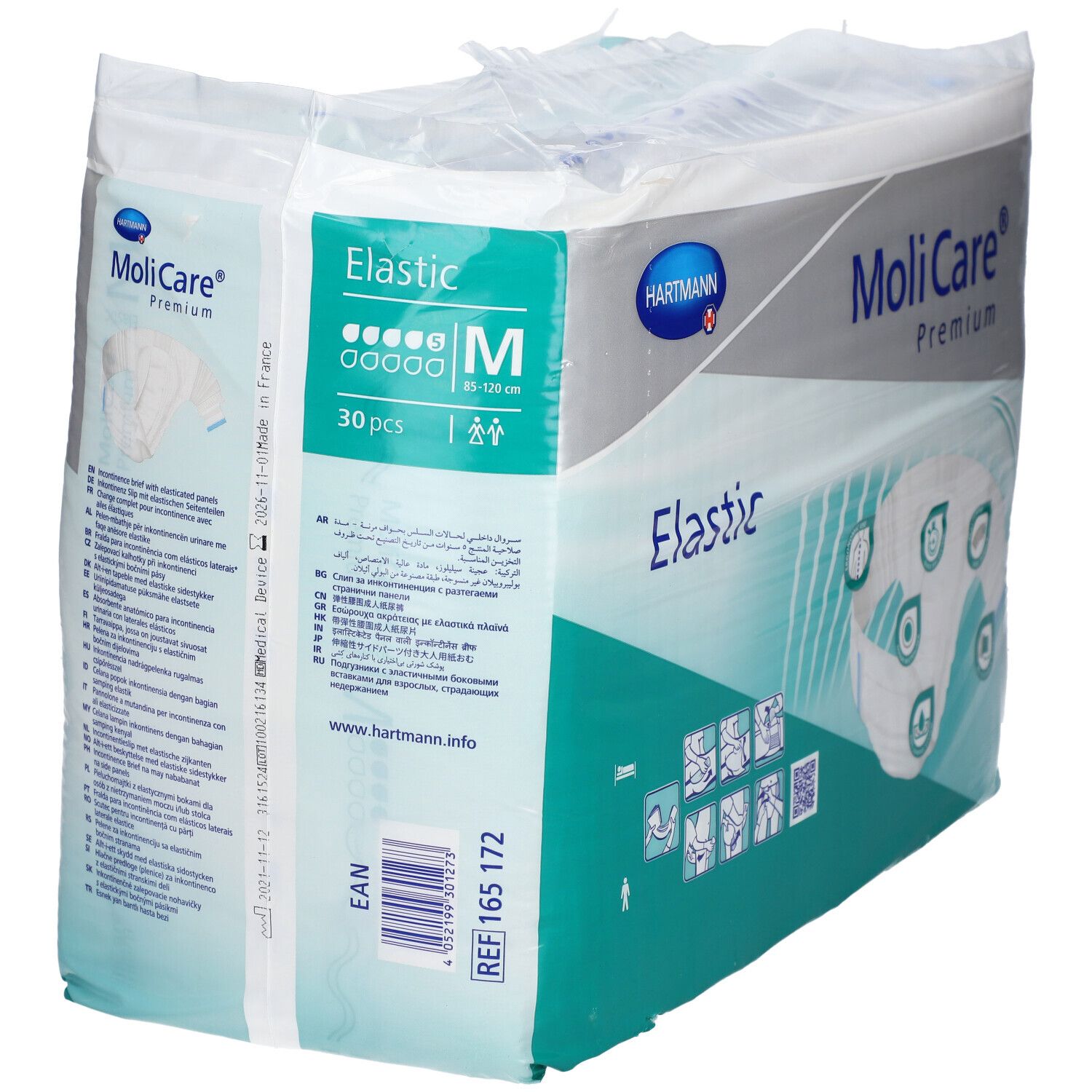 Paquet de MoliCare Premium Elastic, taille M, 30 pièces. Marque Hartmann. Inscription : Elastic. Texte au dos.