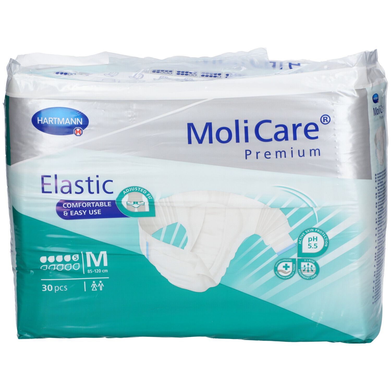 Paquet de MoliCare Premium Elastic, taille M, 30 pièces. Marque Hartmann. Inscription : Elastic, pH 5,5.