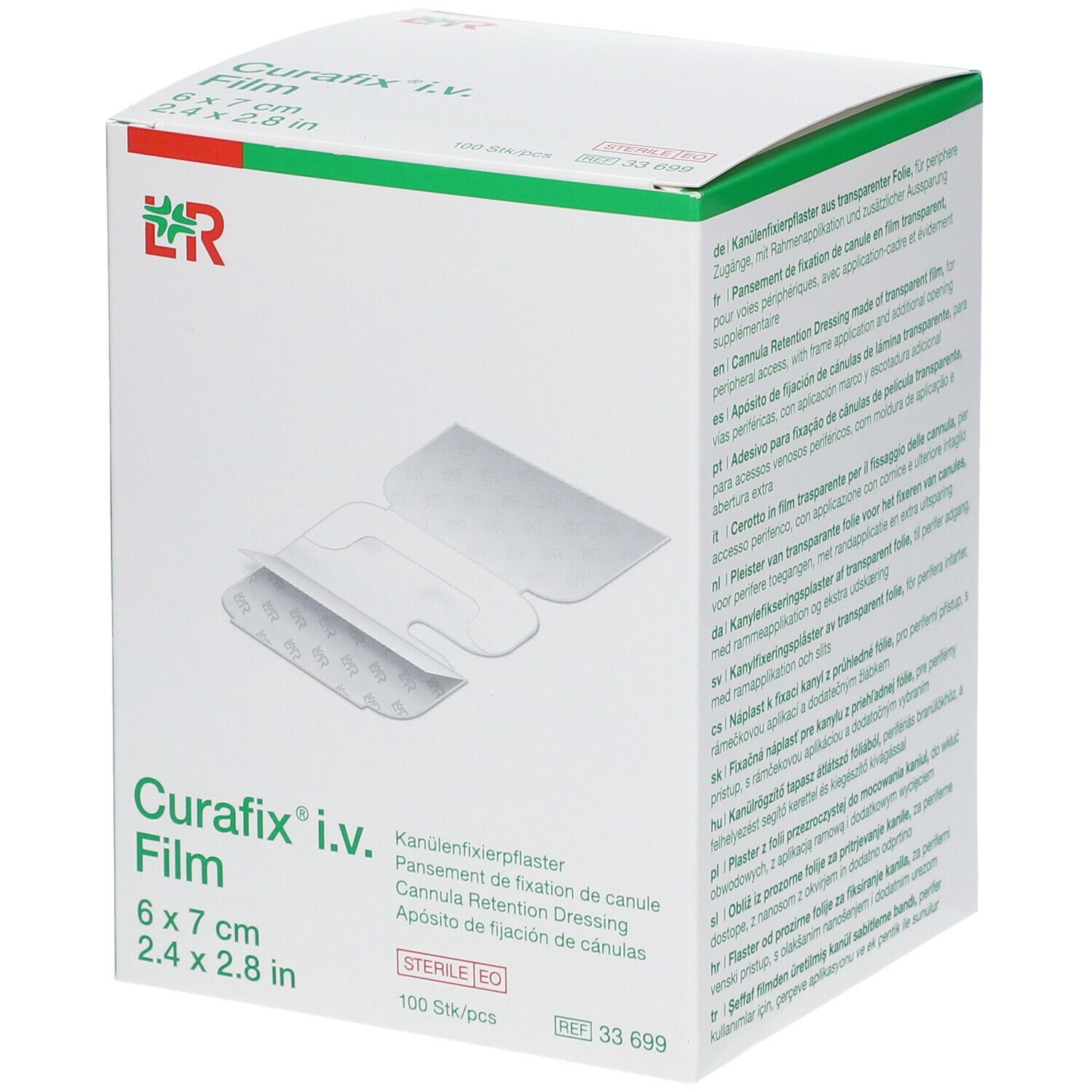 Boîte de Curafix i.v. Film. Dimensions 6 x 7 cm, 100 pièces. Film transparent avec encoche.