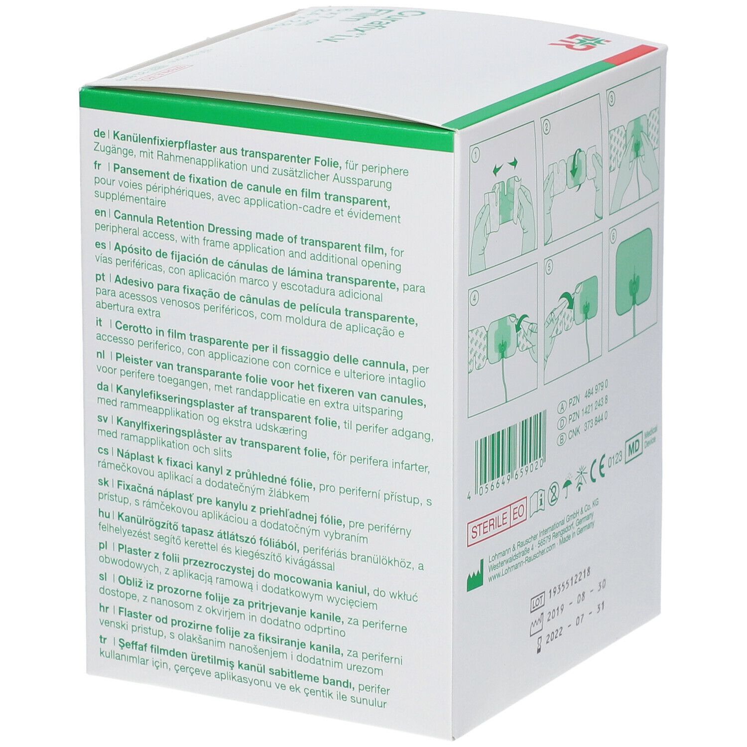 Dos de l'emballage Curafix i.v. Film. Texte multilingue. Illustrations d'application.