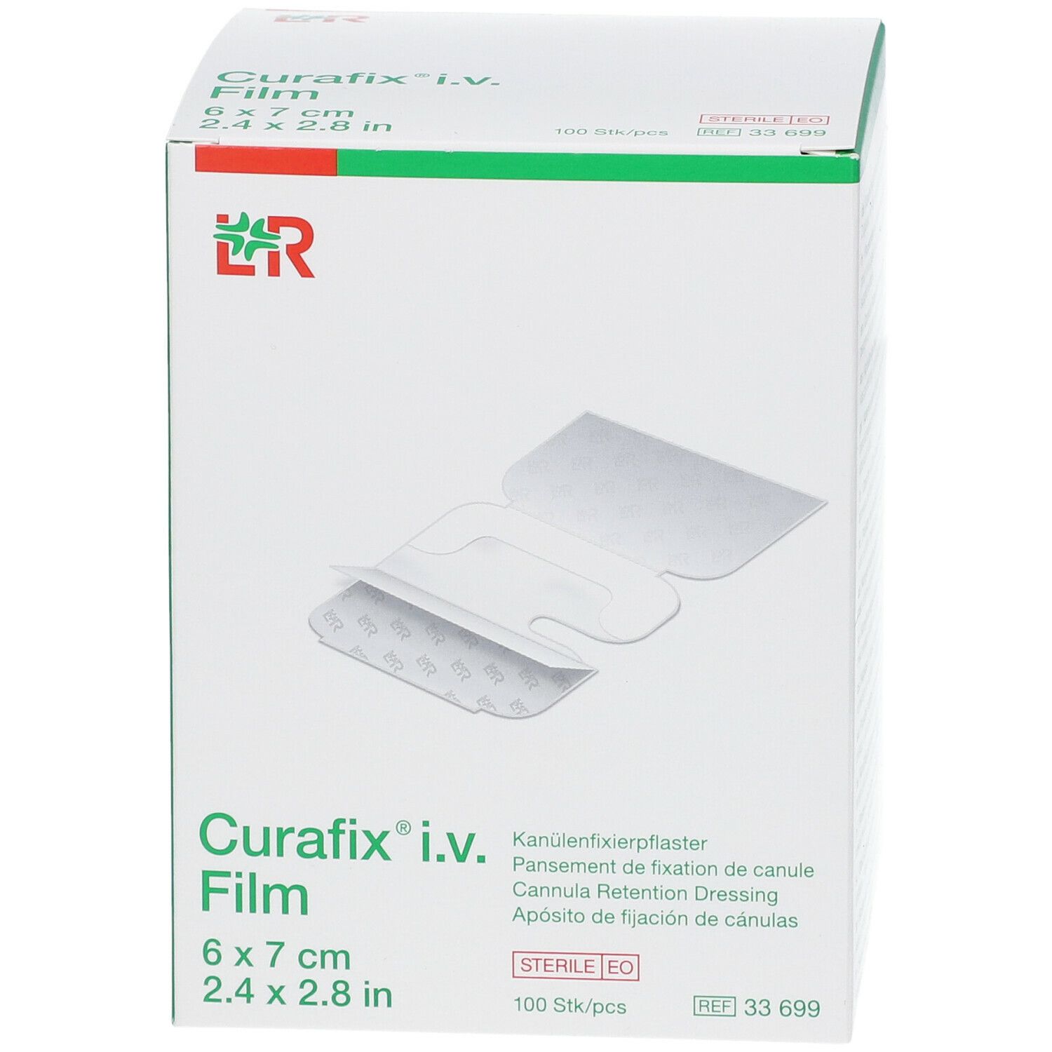 Boîte de Curafix i.v. Film. Dimensions 6 x 7 cm, 100 pièces. Film transparent avec encoche.