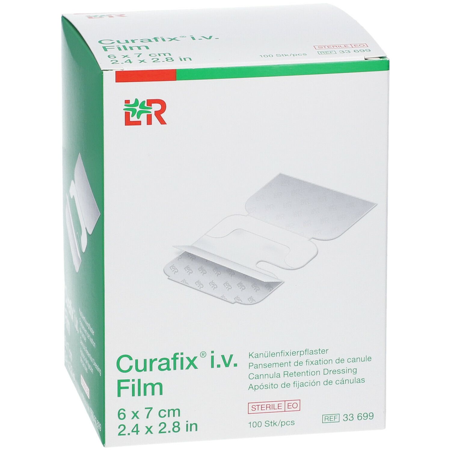 Boîte de Curafix i.v. Film. Dimensions 6 x 7 cm, 100 pièces. Film transparent avec encoche.