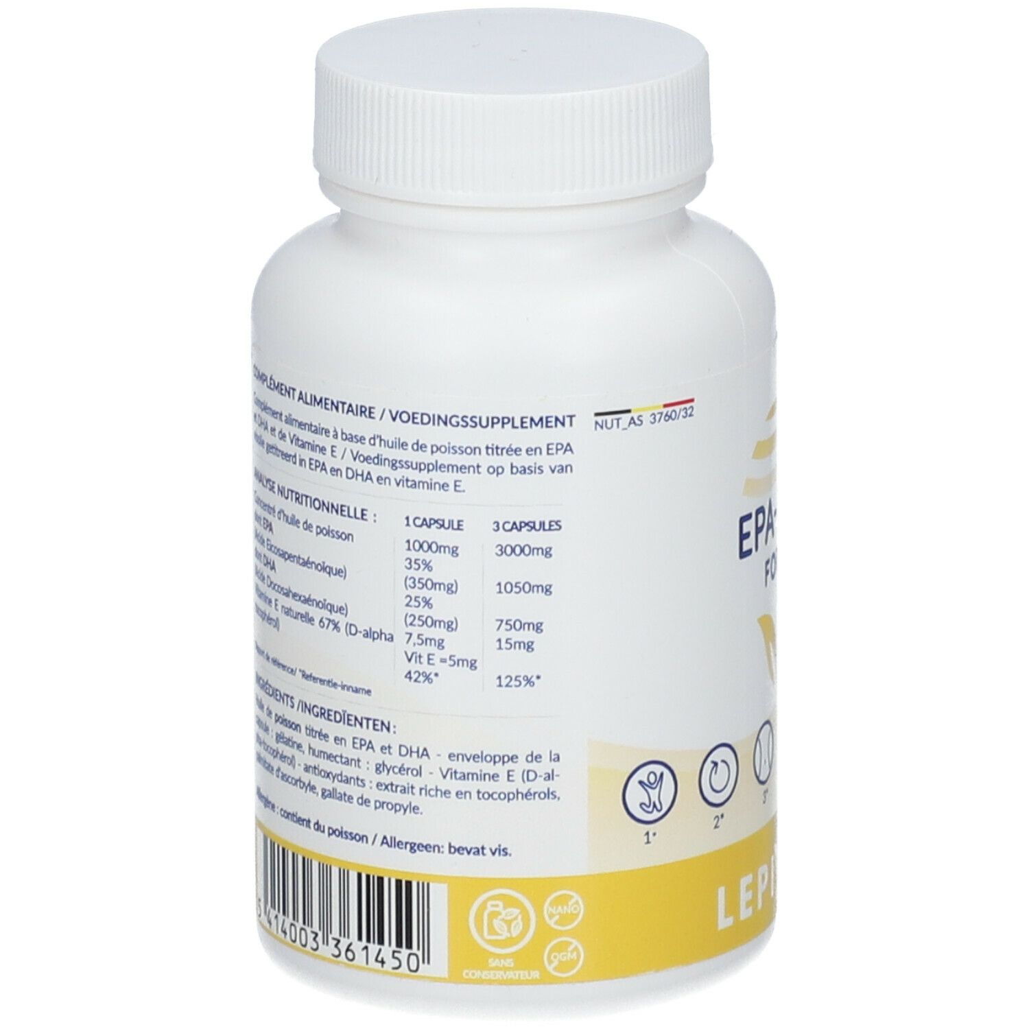 Flacon blanc avec étiquette jaune. Inscription: EPA/DHA Forte. Informations nutritionnelles et ingrédients sur l'étiquette.