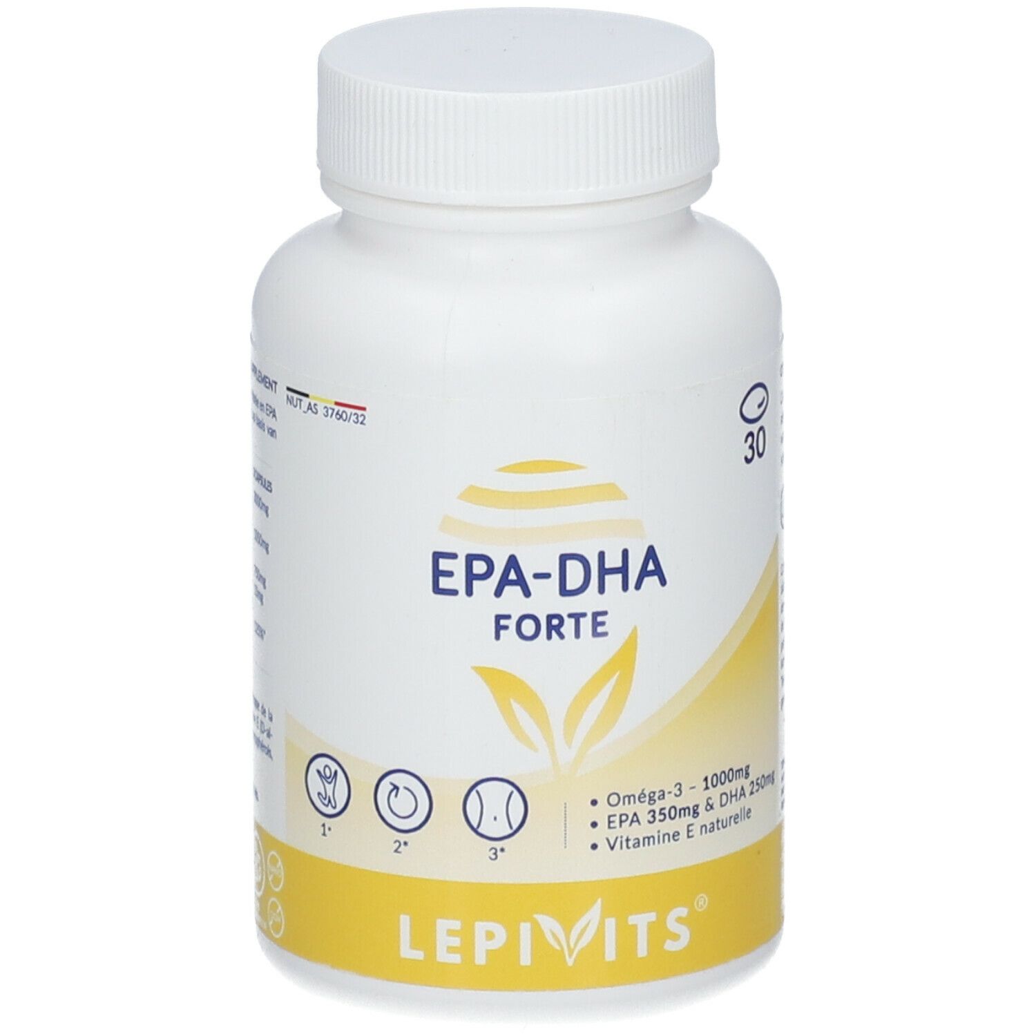 Flacon blanc avec étiquette jaune. Inscription: EPA-DHA Forte. Contient Oméga-3, EPA, DHA et vitamine E. 30 gélules.