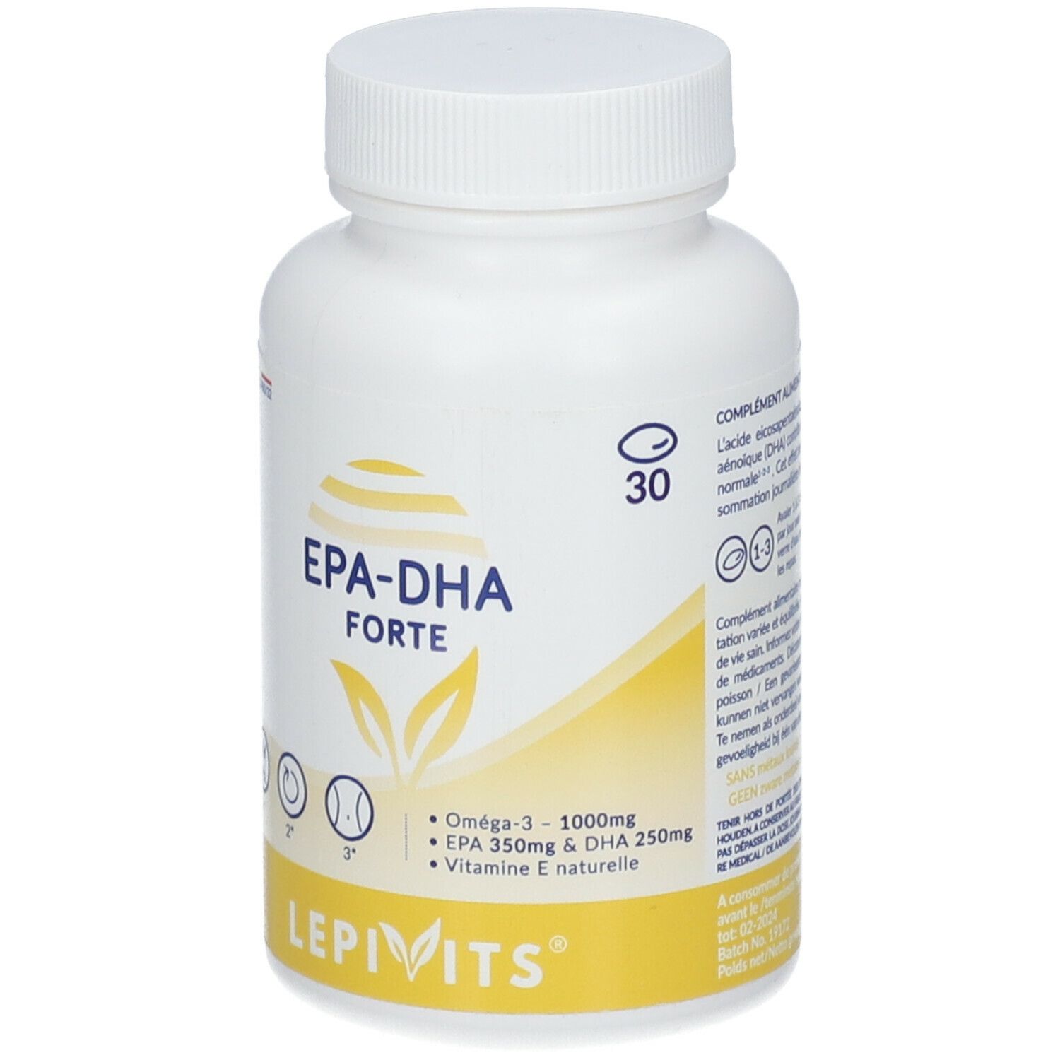 Flacon blanc avec étiquette jaune. Inscription: EPA-DHA Forte. Contient Oméga-3, EPA, DHA et vitamine E. 30 gélules.
