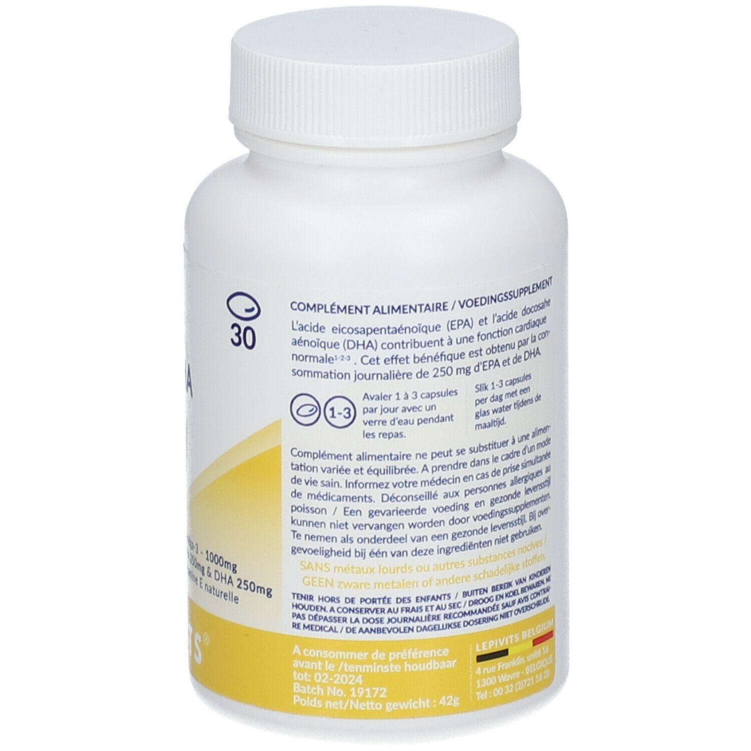Dos d'un flacon blanc avec étiquette jaune. Texte: Complément alimentaire. Contient EPA et DHA. 30 gélules. Informations fabricant.