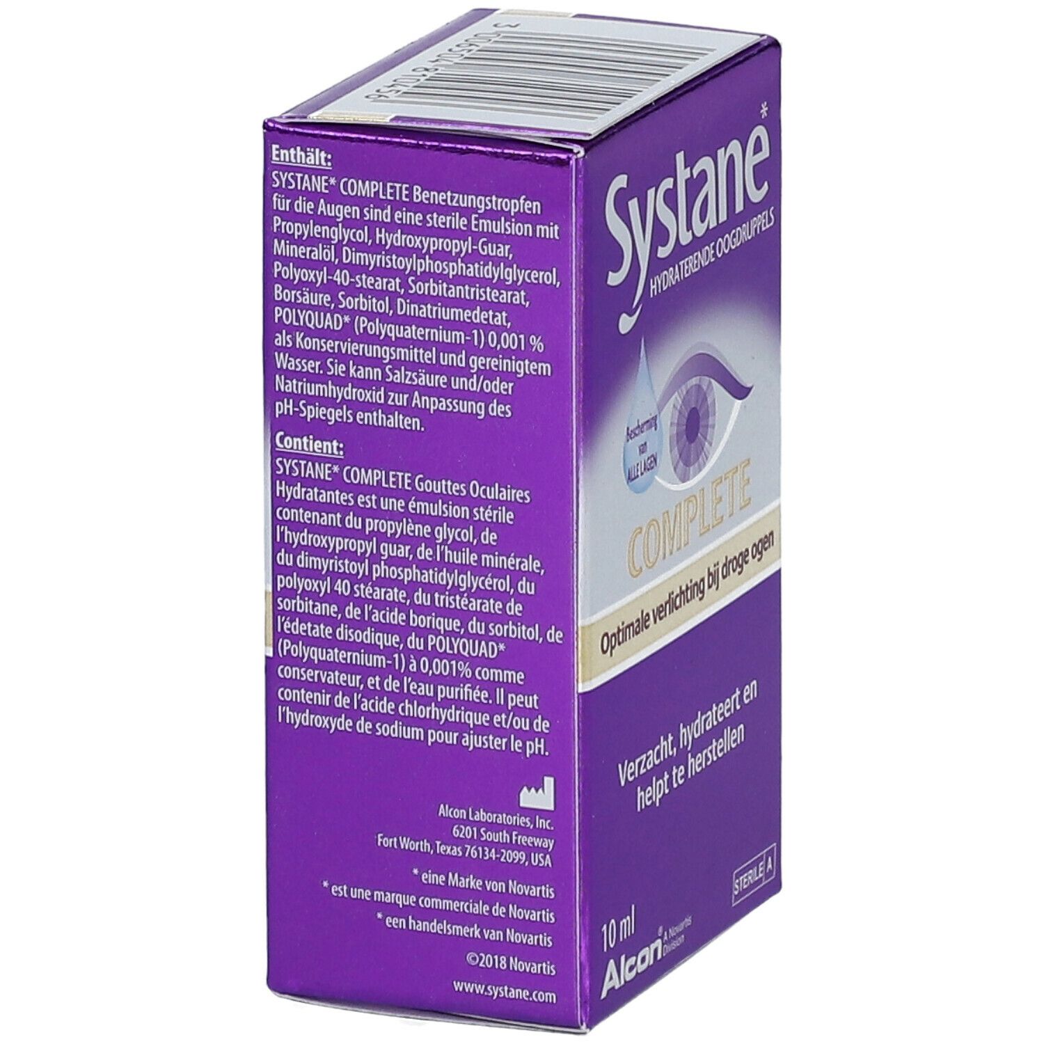 Dos de la boîte violette Systane Complete. Texte sur les ingrédients et le fabricant.