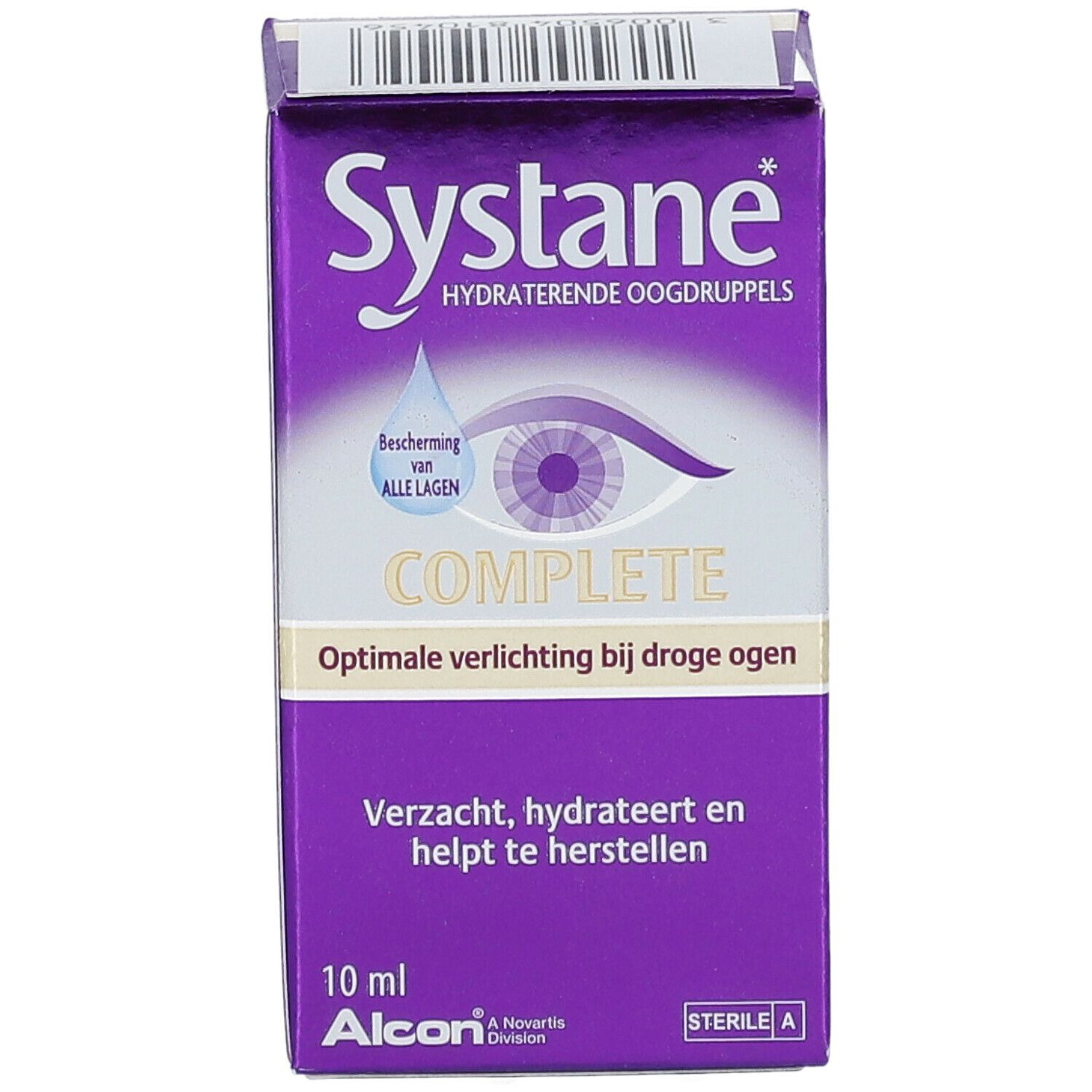 Boîte violette Systane Complete. Inscription : gouttes oculaires hydratantes, Complete, 10 ml, Alcon.