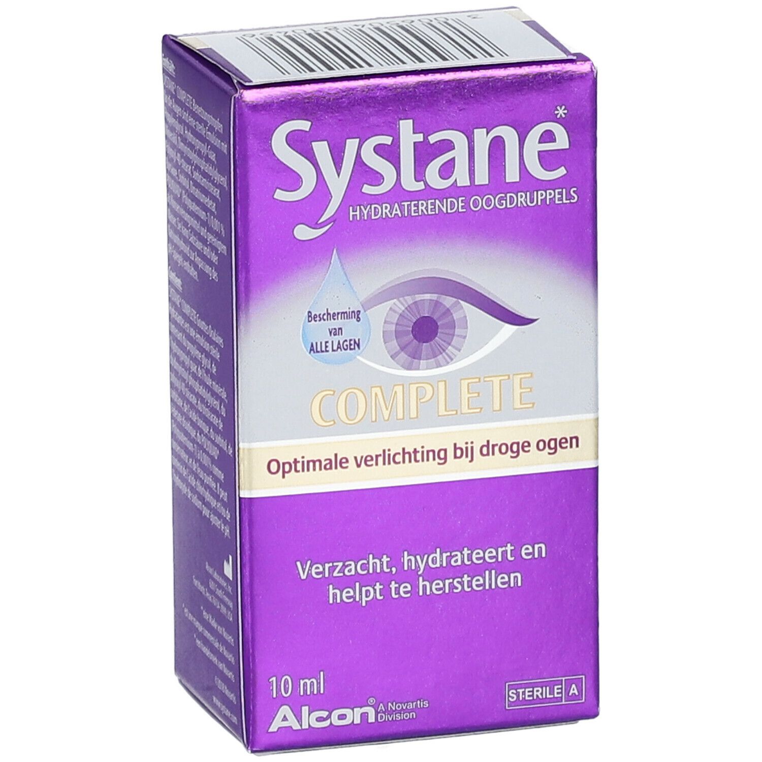 Boîte violette Systane Complete. Inscription : gouttes oculaires hydratantes, Complete, 10 ml, Alcon.