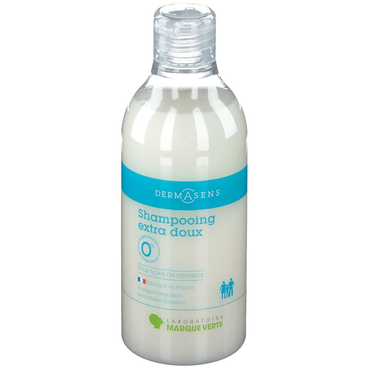 Flacon de shampooing DERMASENS, shampooing blanc, bande turquoise, bouchon transparent. Texte: Shampooing extra doux.