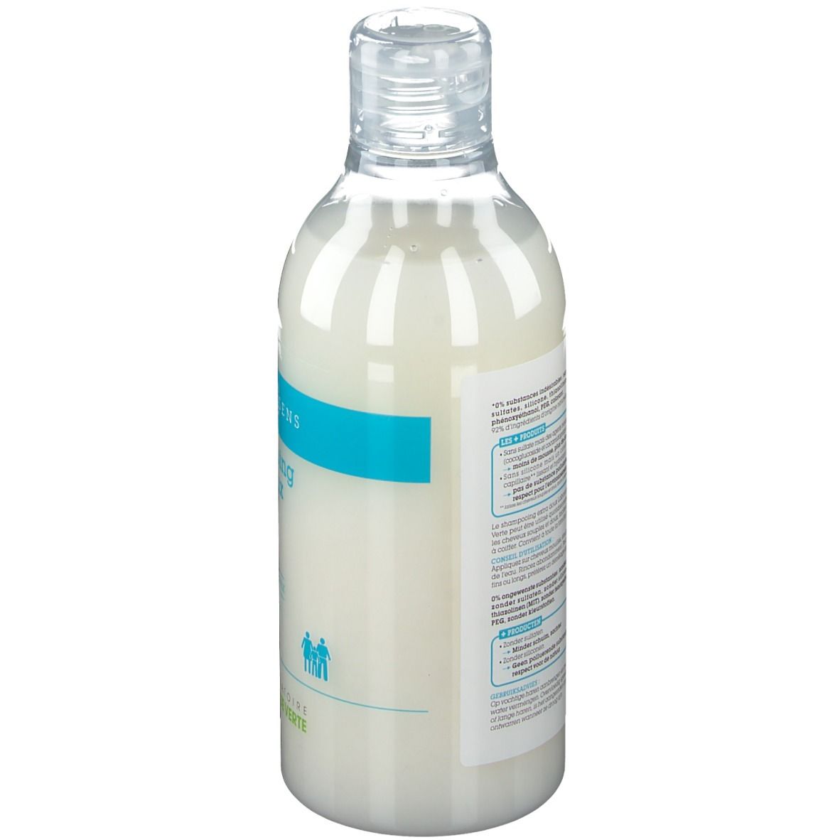 Flacon de shampooing DERMASENS, liquide blanc, bouchon transparent. Dos avec texte et informations.