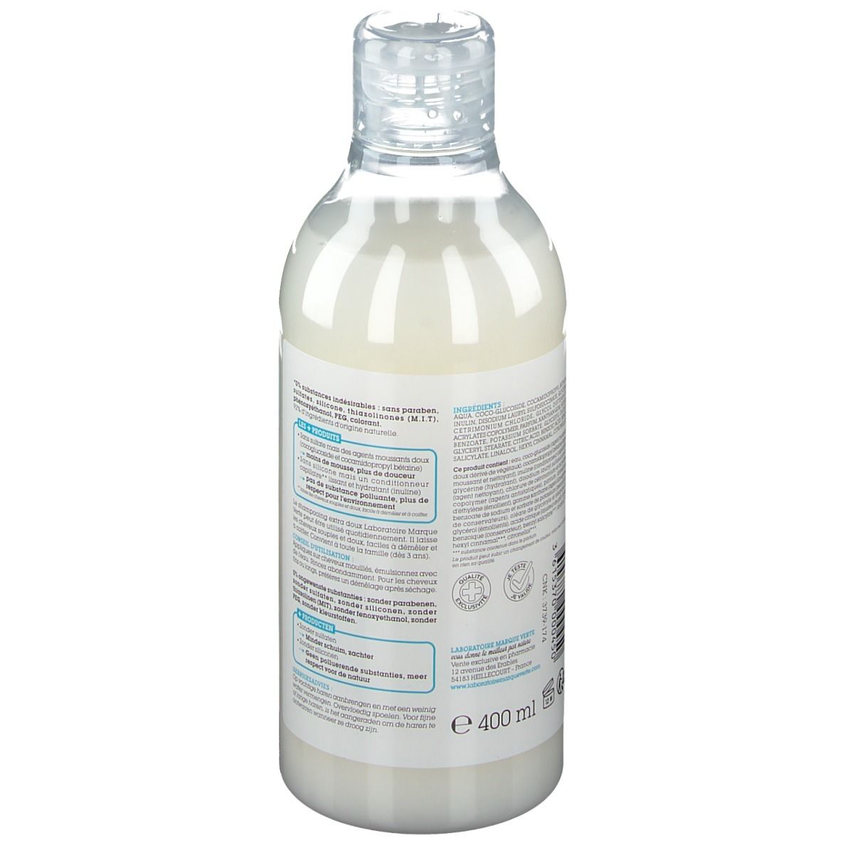 Flacon de shampooing DERMASENS, liquide blanc, bouchon transparent. Dos avec texte et informations, 400 ml.