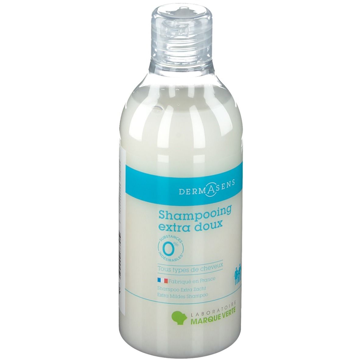 Flacon de shampooing DERMASENS, shampooing blanc, bande turquoise, bouchon transparent. Texte: Shampooing extra doux.