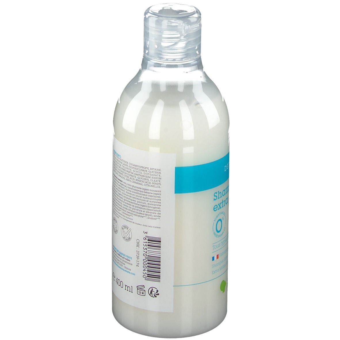 Flacon de shampooing DERMASENS, liquide blanc, bouchon transparent. Dos avec texte et informations, 400 ml.