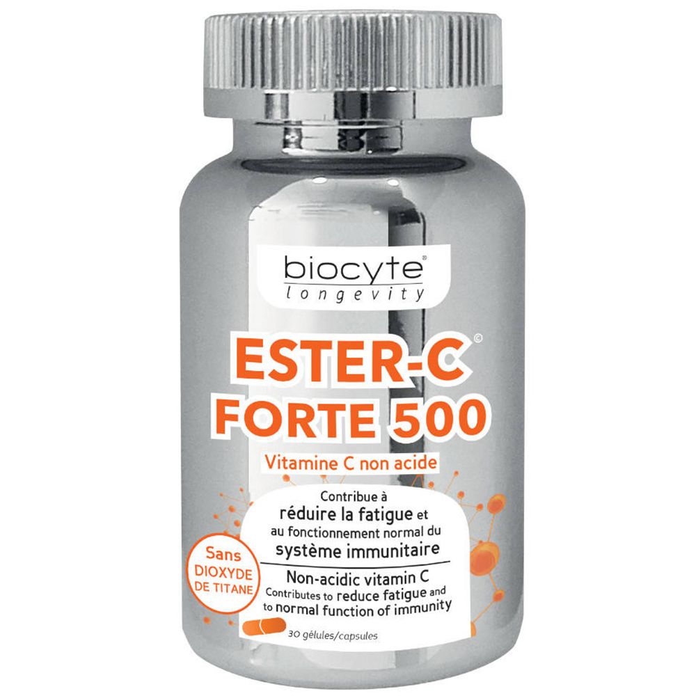Flacon argenté avec capsules. Inscription: Ester-C Forte 500, vitamine C non acide. Marque: Biocyte Longevity.