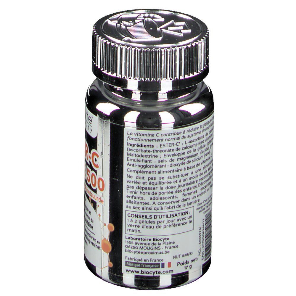 Dos du flacon argenté avec informations produit. Marque: Biocyte. Texte en français.