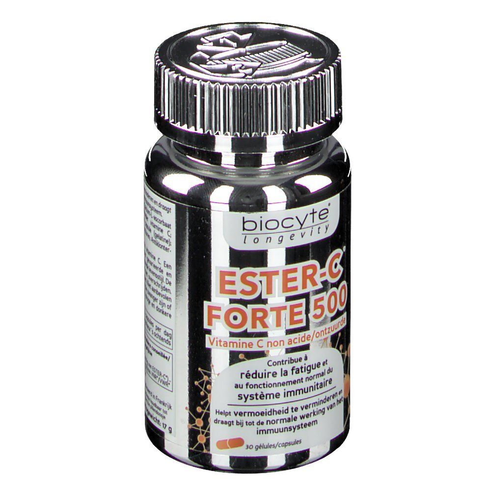 Flacon argenté avec capsules. Inscription: Ester-C Forte 500, vitamine C non acide. Marque: Biocyte Longevity.