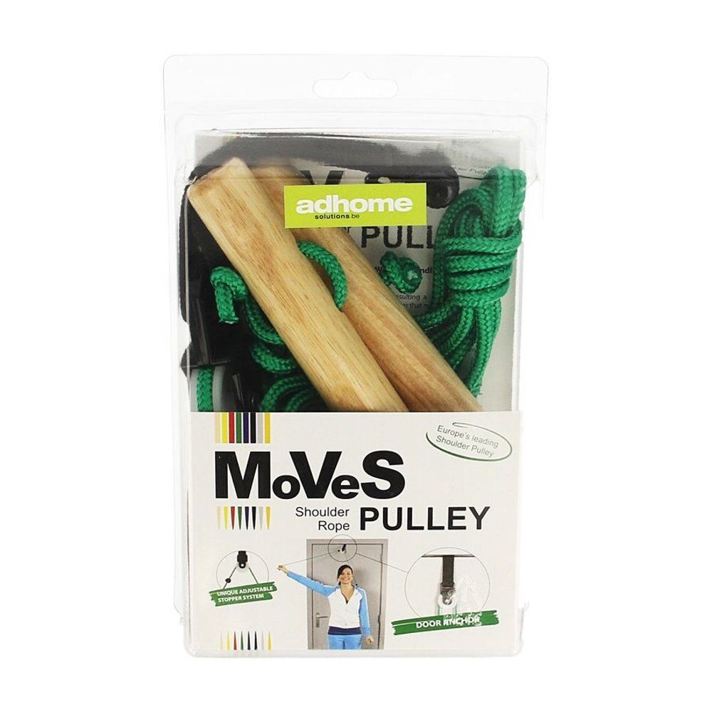 Poulie d'épaule avec fixation de porte, emballage blister. Cordes vertes, poignées en bois. Texte: adhome, MoVeS, Shoulder Pulley.