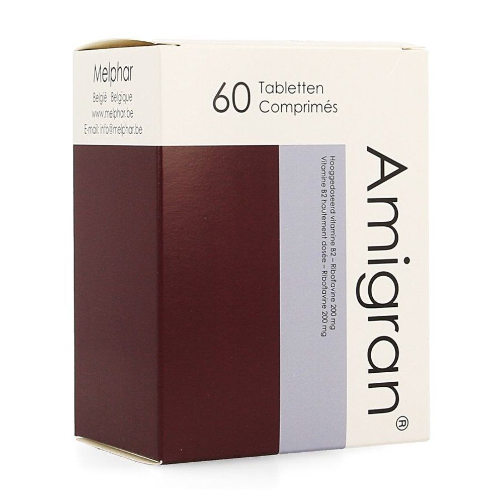 Boîte Amigran® de 60 comprimés. Contient de la vitamine B2 (riboflavine) à haute dose.