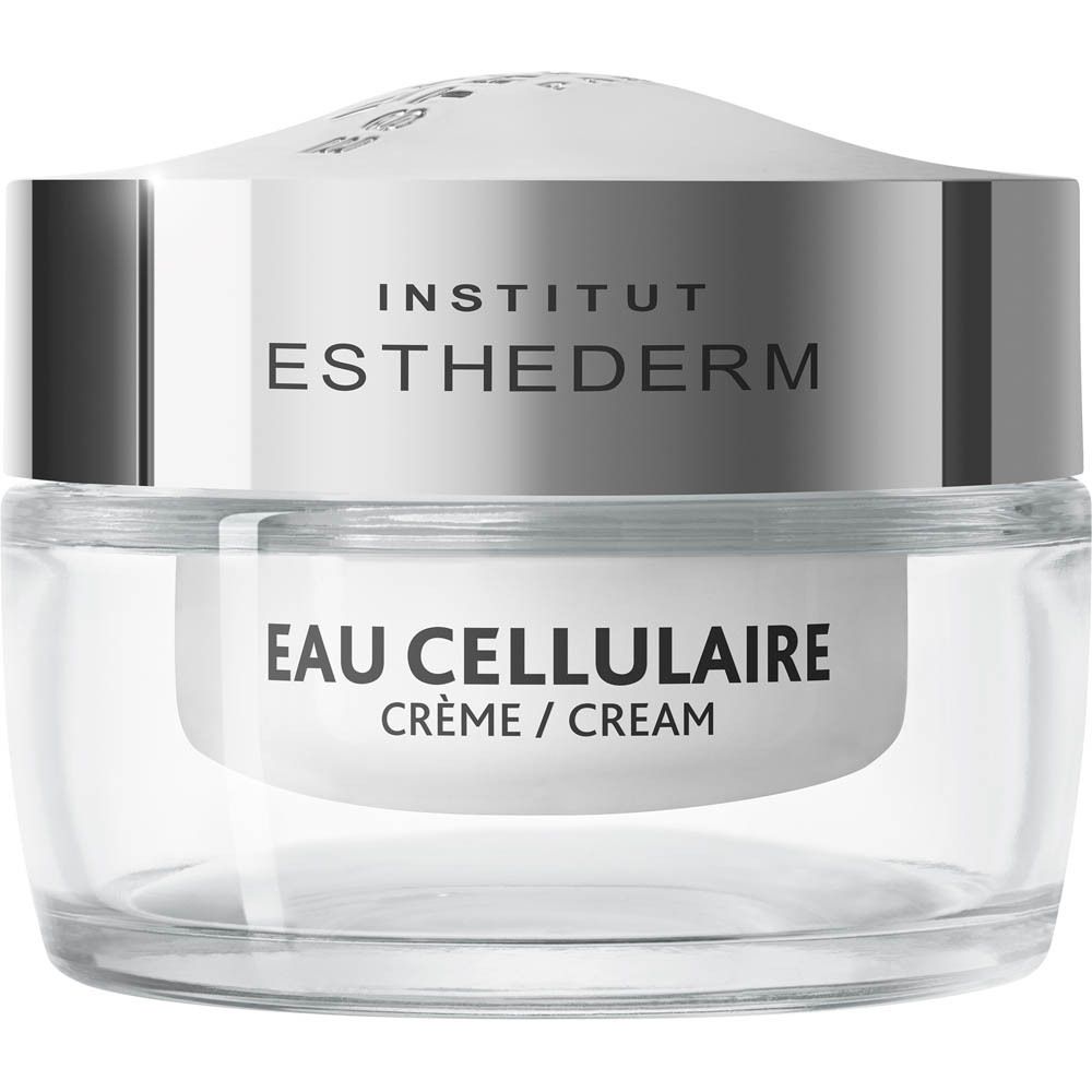 Pot en verre avec couvercle argenté. Logo INSTITUT ESTHEDERM et nom du produit: EAU CELLULAIRE. Crème.