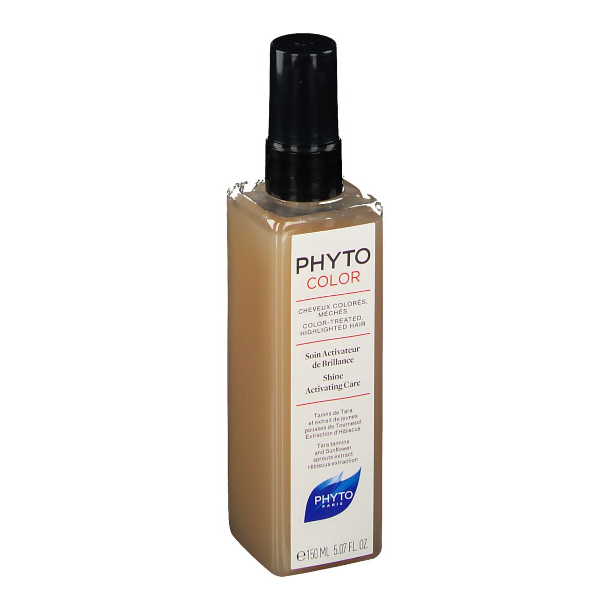 Flacon de soin brillance. Forme carrée, liquide brun, bouchon spray noir. Texte: PHYTO COLOR, Shine Activating Care.