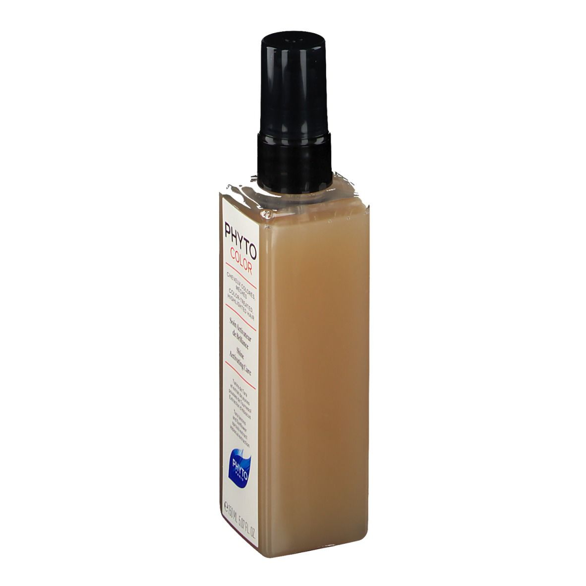 Flacon de soin brillance. Forme carrée, liquide brun, bouchon spray noir. Texte: PHYTO COLOR, Shine Activating Care.
