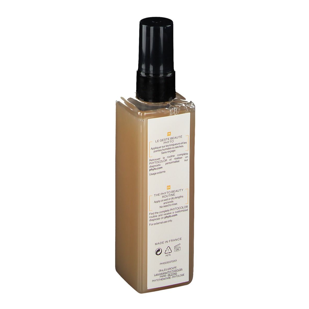 Dos du flacon de soin brillance. Forme carrée, liquide brun, bouchon spray noir. Texte: PHYTOCOLOR, ingrédients, Fabriqué en France.