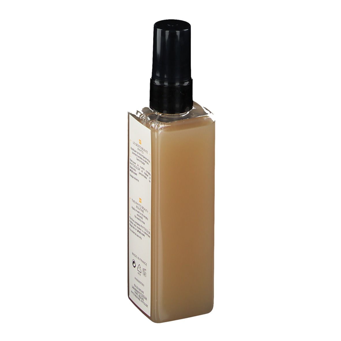 Dos du flacon de soin brillance. Forme carrée, liquide brun, bouchon spray noir. Texte: PHYTOCOLOR, ingrédients, Fabriqué en France.