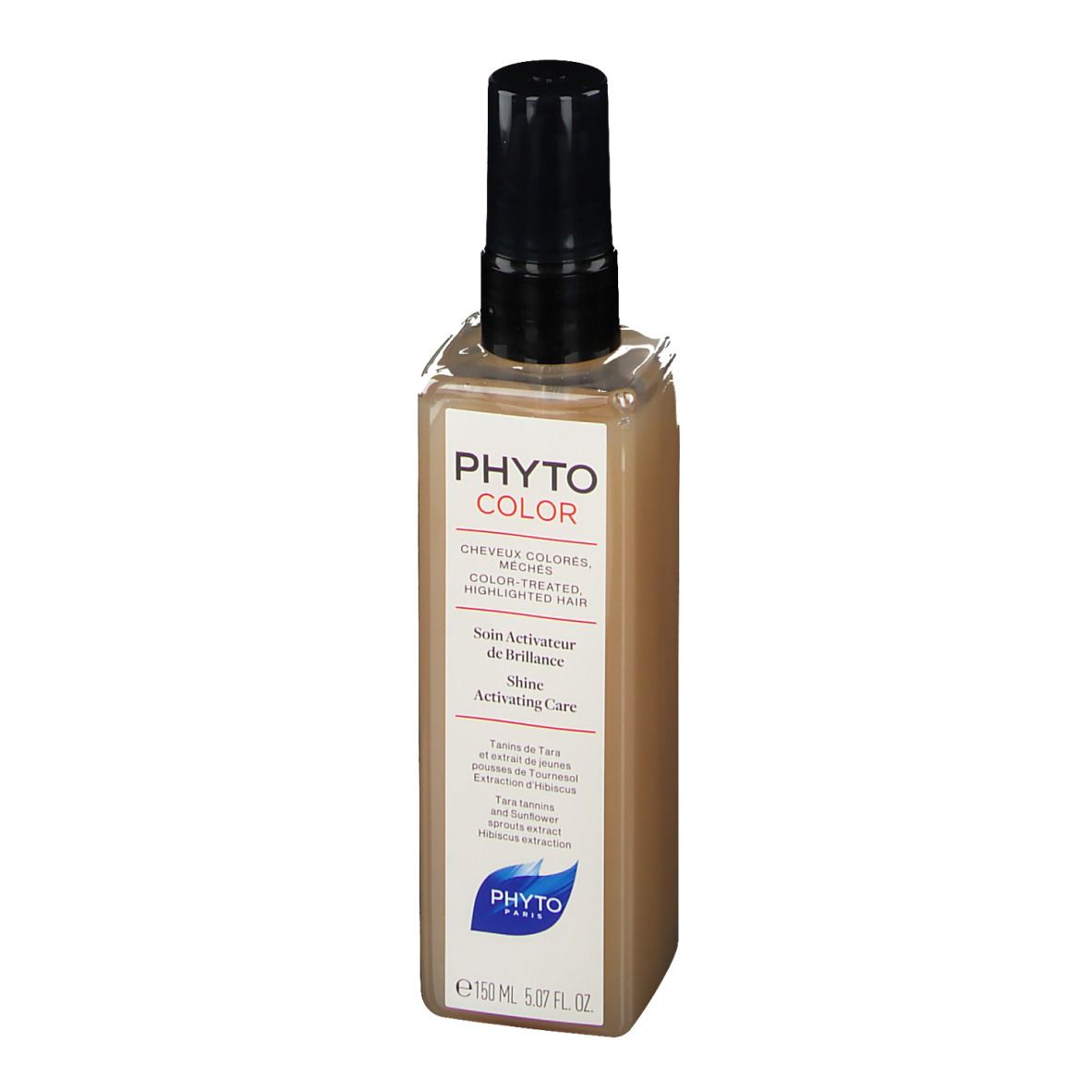 Flacon de soin brillance. Forme carrée, liquide brun, bouchon spray noir. Texte: PHYTO COLOR, Shine Activating Care.
