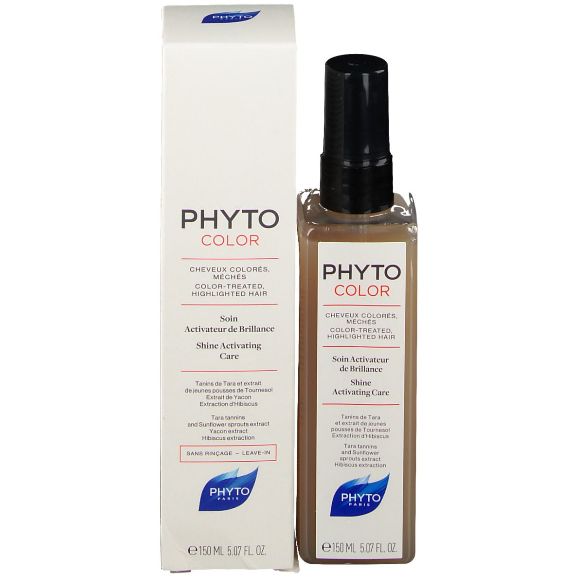 Flacon de soin brillance et emballage. Flacon: carré, liquide brun, bouchon spray noir. Emballage: blanc, Texte: PHYTO COLOR, Shine Activating Care.