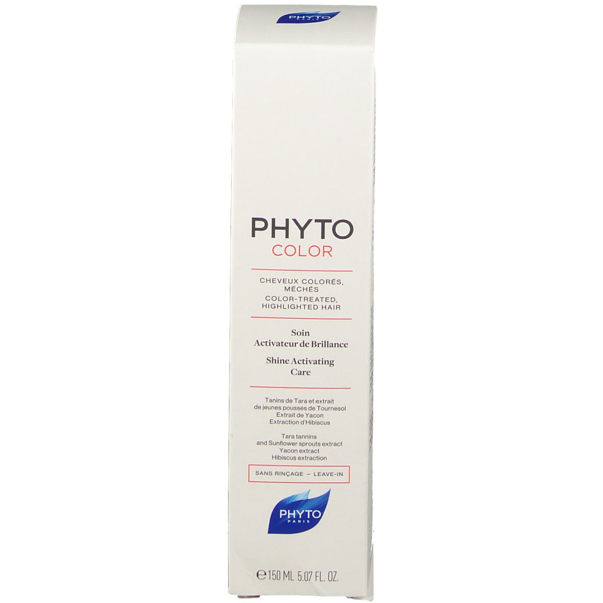 Emballage du soin brillance. Blanc, Texte: PHYTO COLOR, Shine Activating Care. Contient ingrédients et instructions.