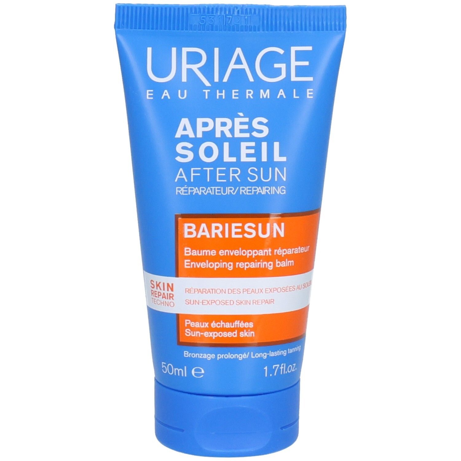Tube Uriage Bariésun Après-Soleil Réparateur. Tube bleu avec étiquette orange et inscription blanche.