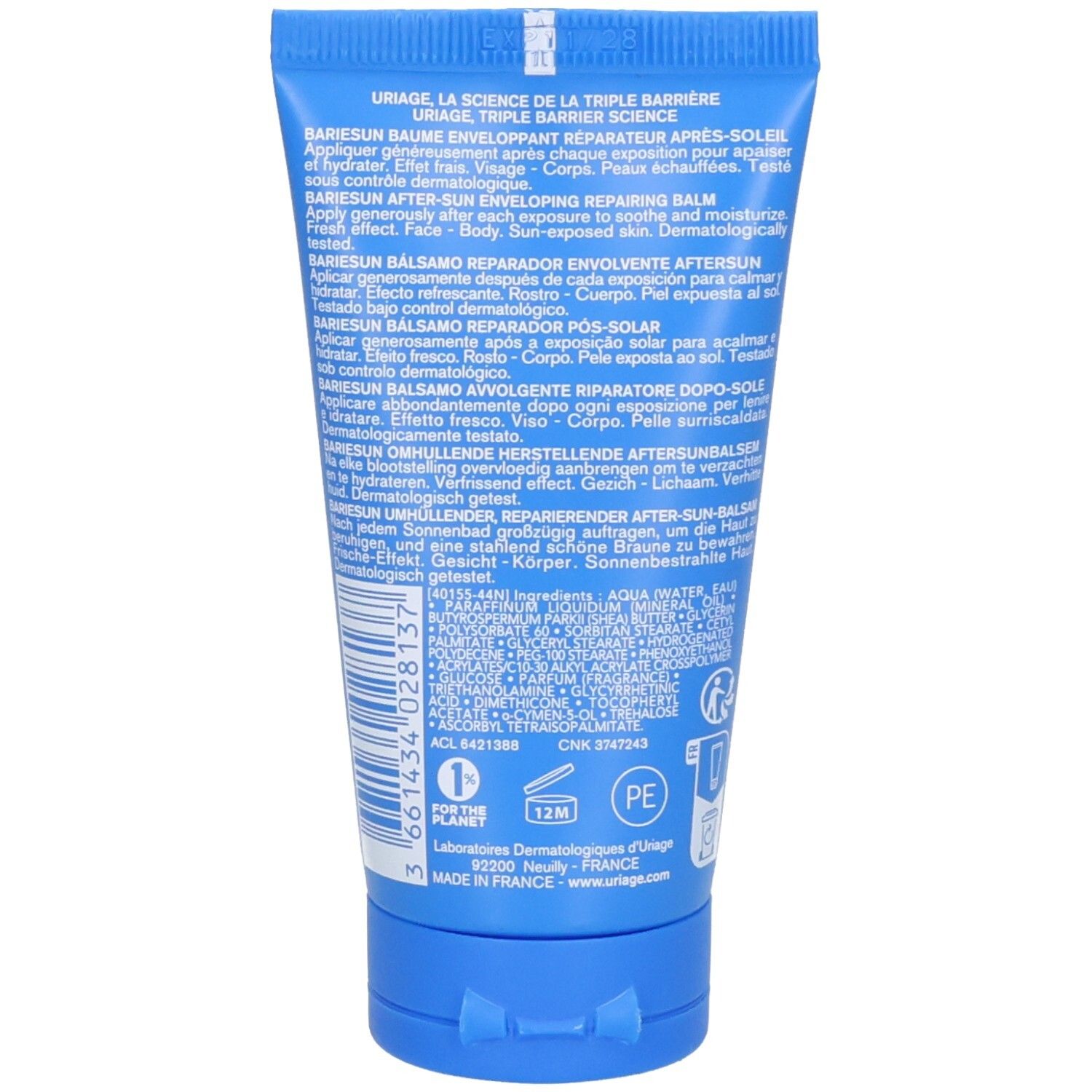 Arrière du tube Uriage Bariésun Après-Soleil Réparateur avec informations produit et code-barres.