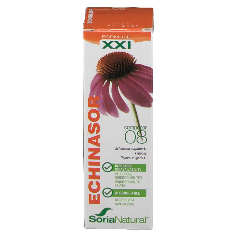 Boîte avec image et texte du produit. "Echinasor XXI" et "Soria Natural" sont visibles. Contient une image d'une fleur violette.