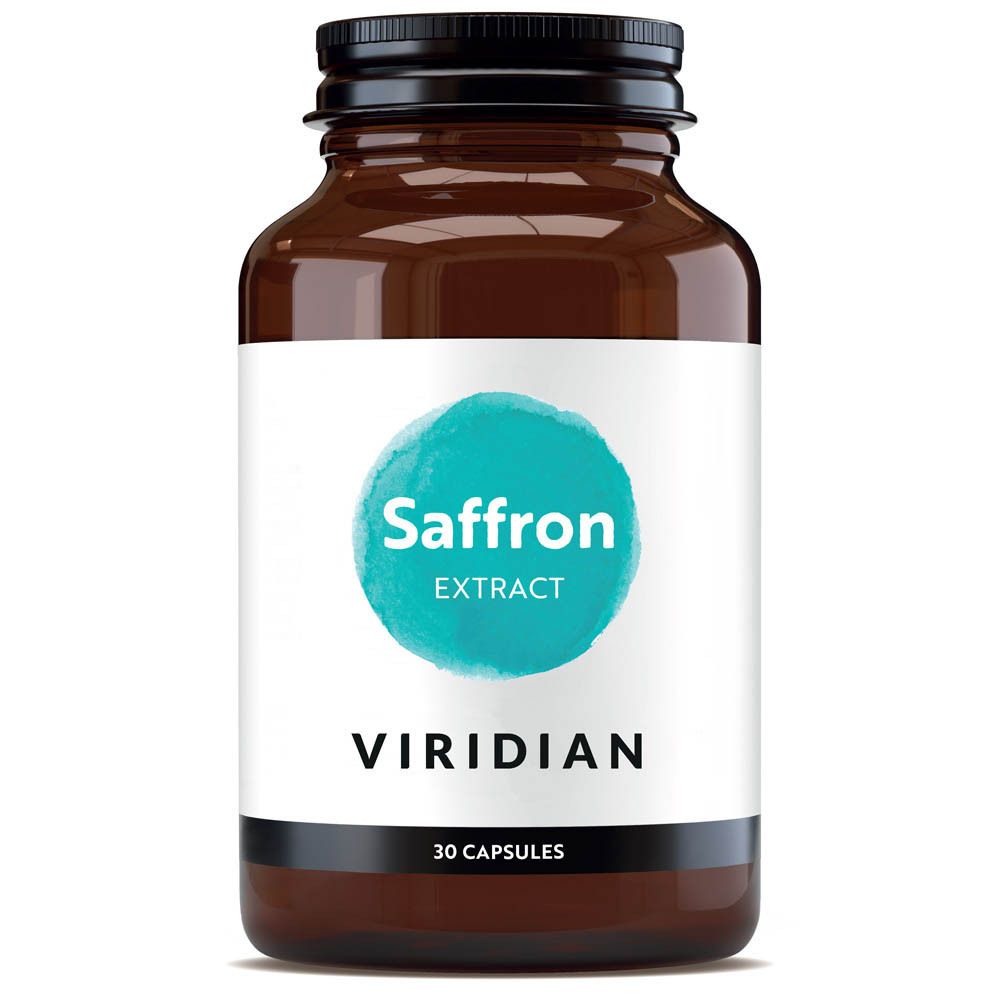 Flacon en verre brun avec couvercle noir. Étiquette avec cercle bleu et inscription Saffron Extract, Viridian, 30 capsules.