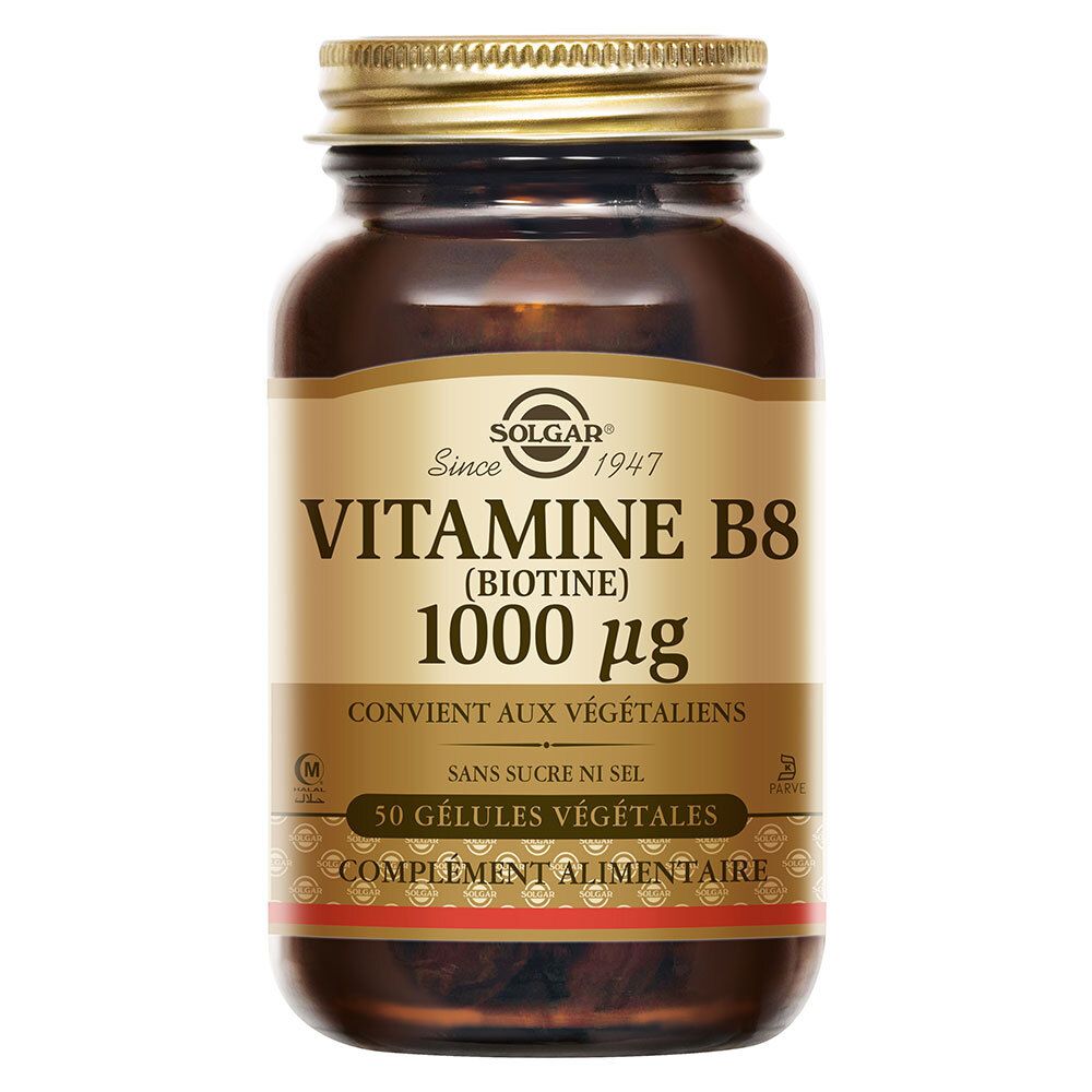 Flacon en verre brun, bouchon doré. Étiquette: Vitamine B8 1000 µg, 50 gélules végétales. Complément.