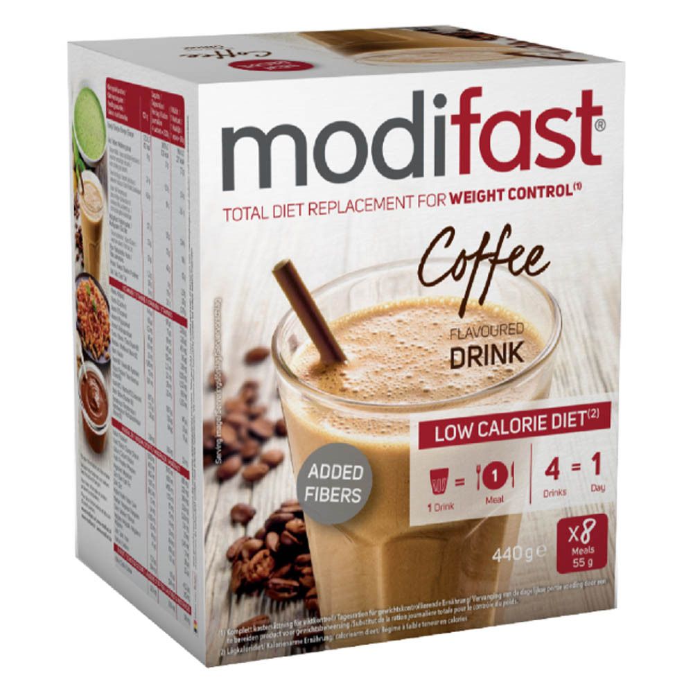 Boîte Modifast saveur café. Image d'une boisson dans un verre. Inscription : Total Diet Replacement for Weight Control.