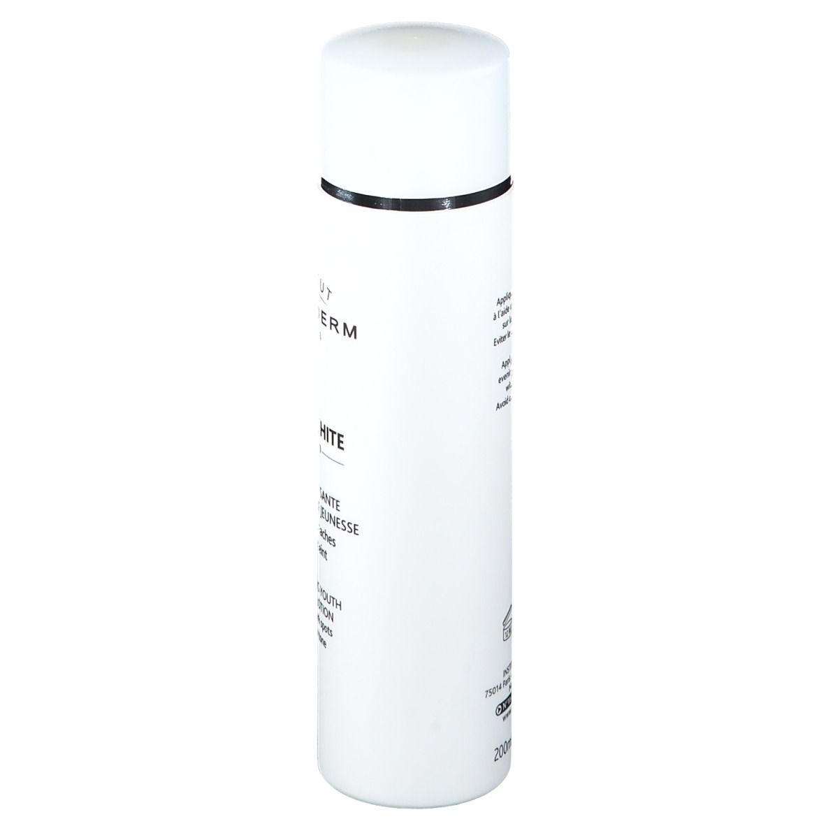 Flacon blanc avec bouchon blanc. Inscriptions: Institut Esthederm, Esthe-White System. Lotion.