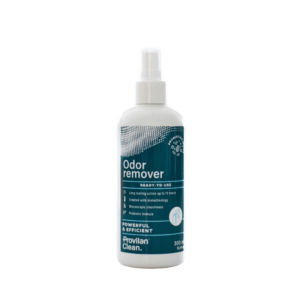 Flacon pulvérisateur blanc avec étiquette. Inscriptions : "Odor remover", "Probiotics inside", "Powerful & Efficient".