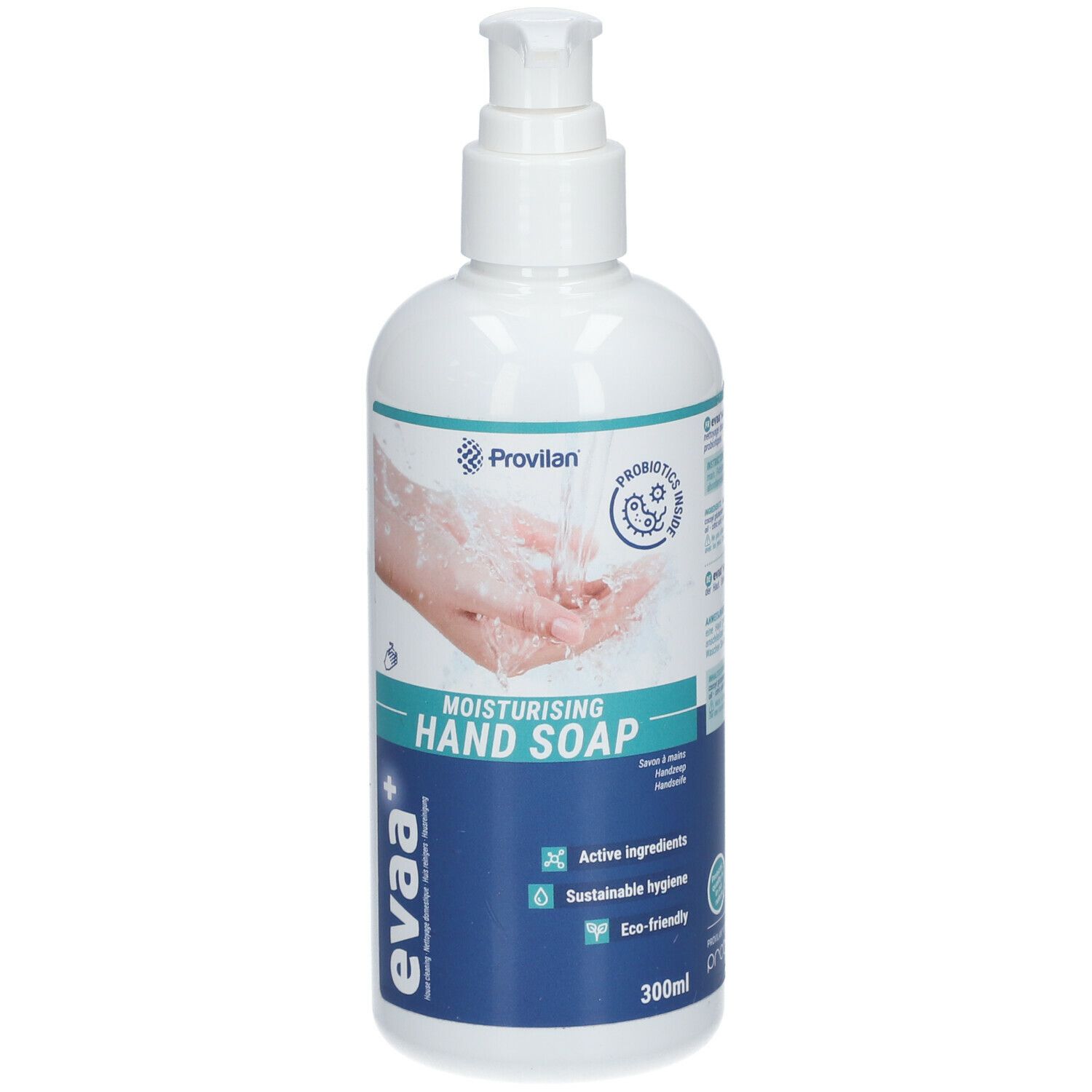 Flacon blanc avec pompe. Inscription: EVAA+ Savon pour les mains hydratant. Logo: Provilan.